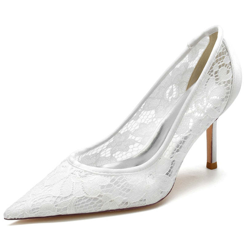 Bridal Heels for Women with Pointed Toe and Lace Appliques