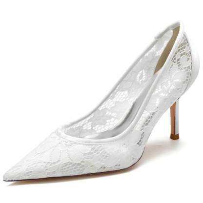 Bridal Heels for Women with Pointed Toe and Lace Appliques