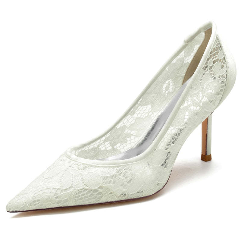 Bridal Heels for Women with Pointed Toe and Lace Appliques