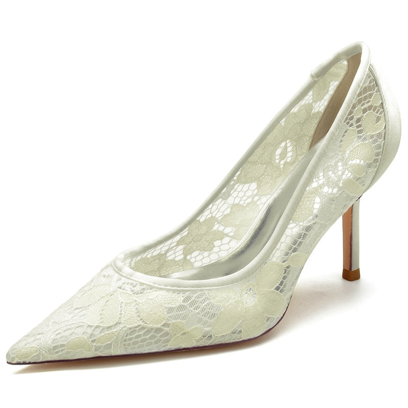 Bridal Heels for Women with Pointed Toe and Lace Appliques