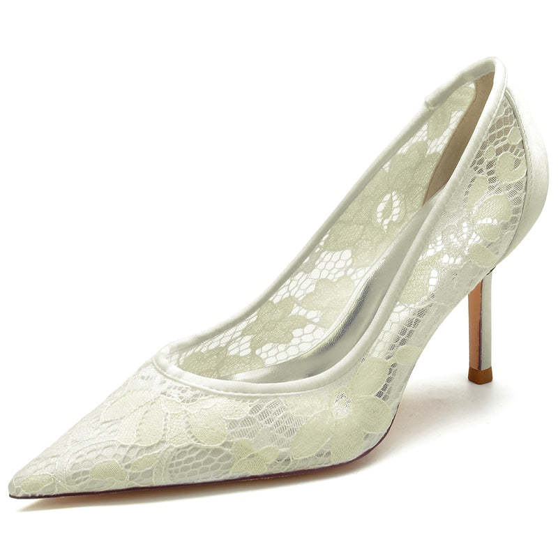 Bridal Heels for Women with Pointed Toe and Lace Appliques