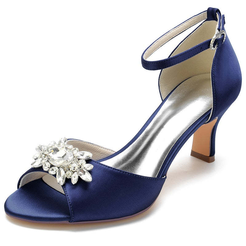 Bridal Shoes for Women with Rhinestone Buckle Open Toe and Block Heel