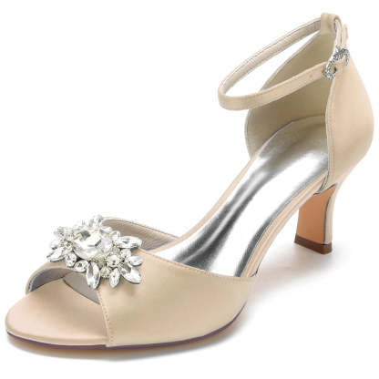 Bridal Shoes for Women with Rhinestone Buckle Open Toe and Block Heel