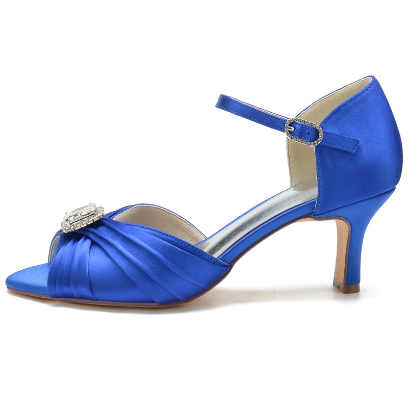Bridal Shoes for Women with Open Toe Block Heel Buckle Rhinestones and Ruffles