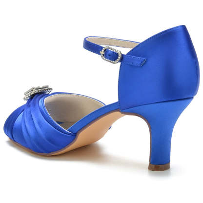 Bridal Shoes for Women with Open Toe Block Heel Buckle Rhinestones and Ruffles