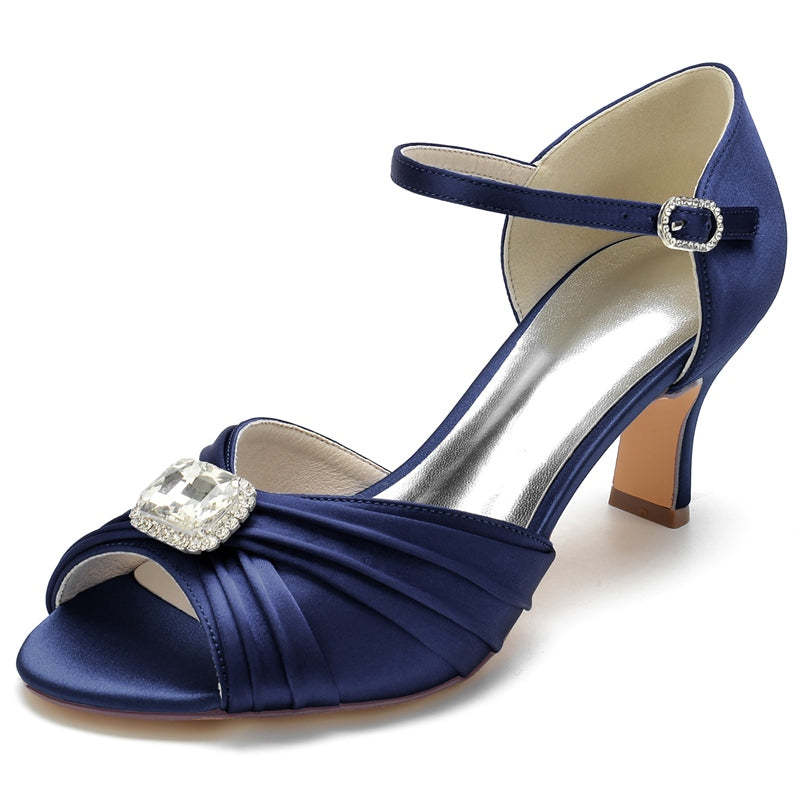 Bridal Shoes for Women with Open Toe Block Heel Buckle Rhinestones and Ruffles