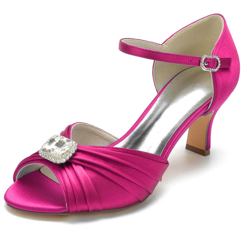 Bridal Shoes for Women with Open Toe Block Heel Buckle Rhinestones and Ruffles