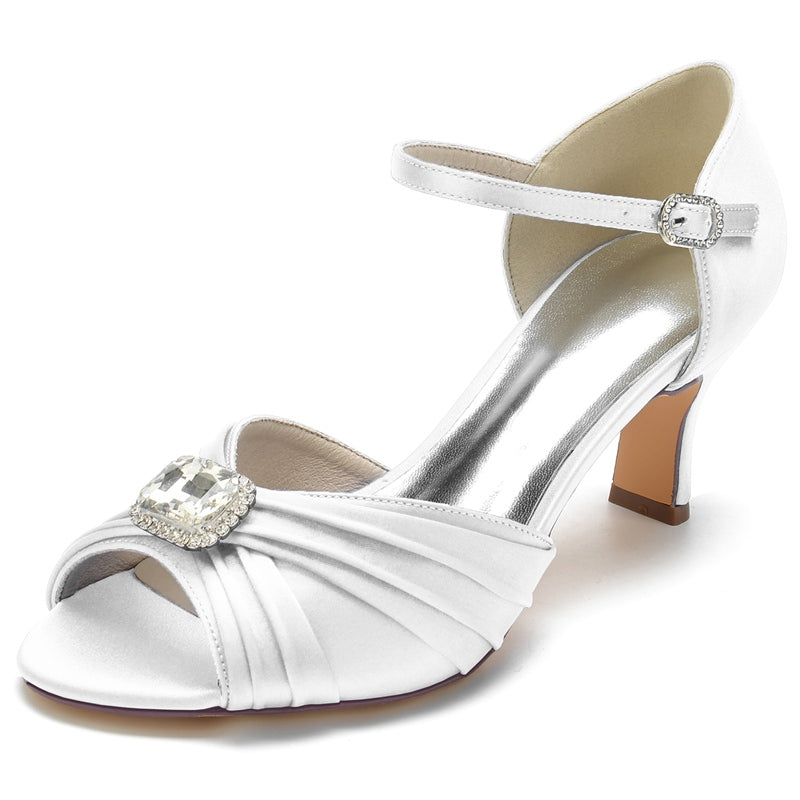 Bridal Shoes for Women with Open Toe Block Heel Buckle Rhinestones and Ruffles