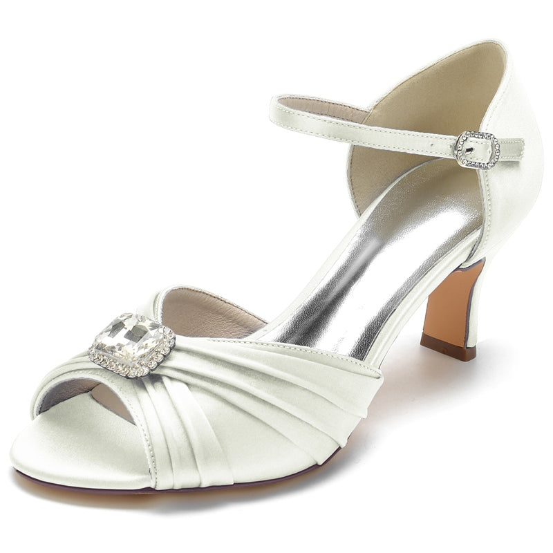 Bridal Shoes for Women with Open Toe Block Heel Buckle Rhinestones and Ruffles