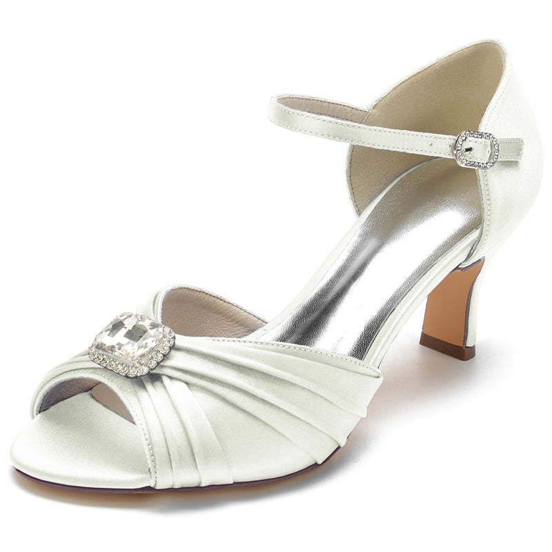 Bridal Shoes for Women with Open Toe Block Heel Buckle Rhinestones and Ruffles