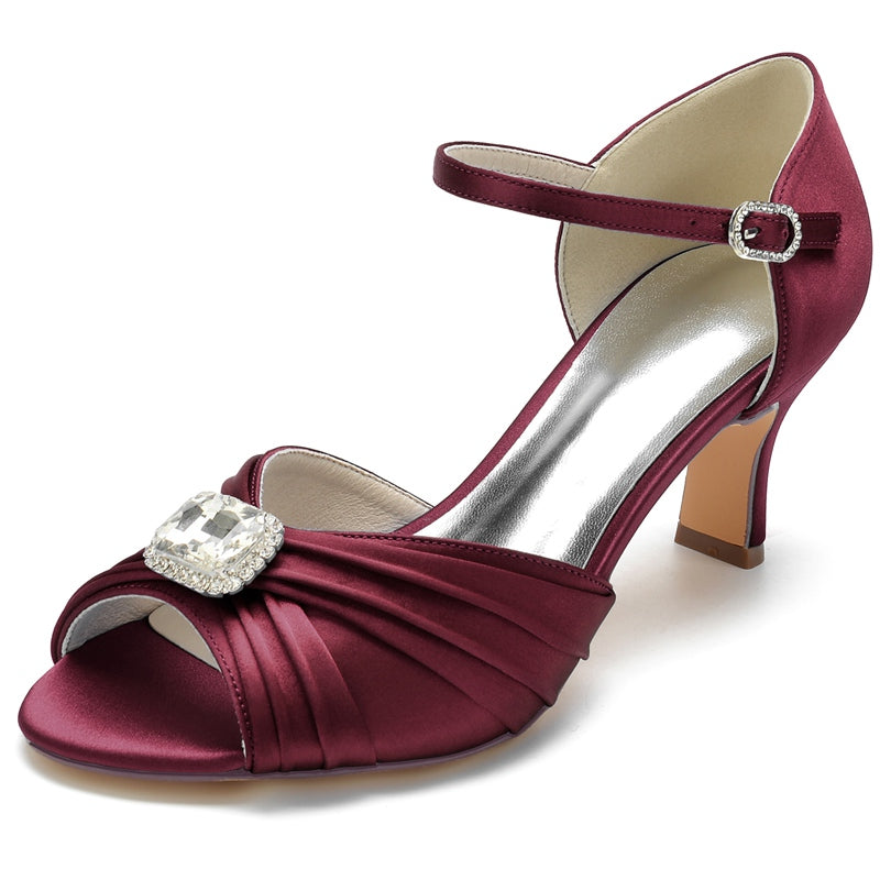 Bridal Shoes for Women with Open Toe Block Heel Buckle Rhinestones and Ruffles