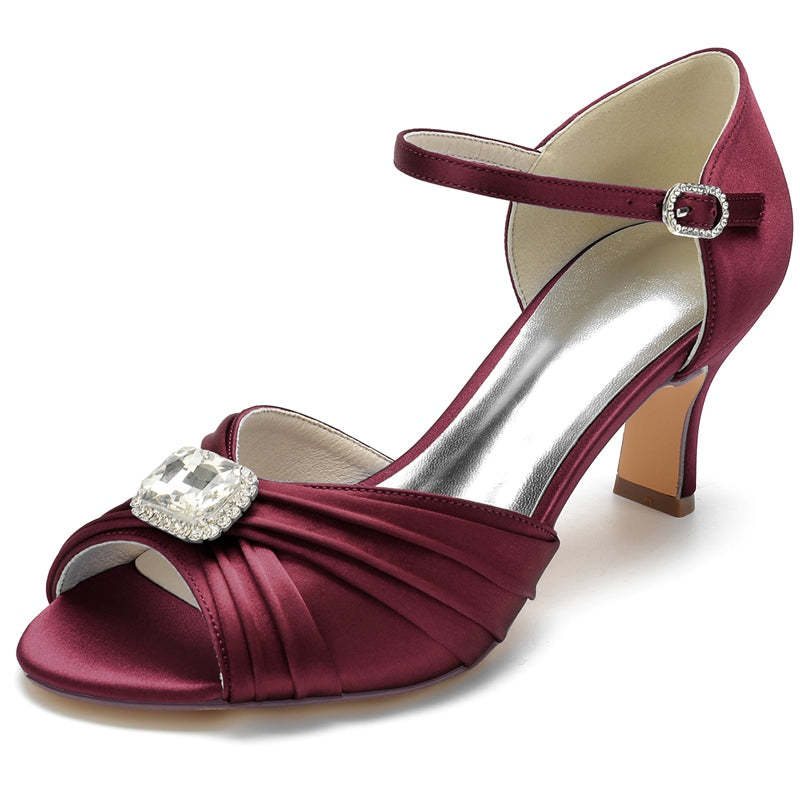 Bridal Shoes for Women with Open Toe Block Heel Buckle Rhinestones and Ruffles