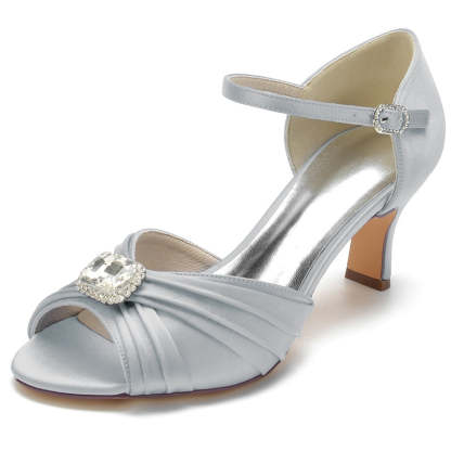 Bridal Shoes for Women with Open Toe Block Heel Buckle Rhinestones and Ruffles