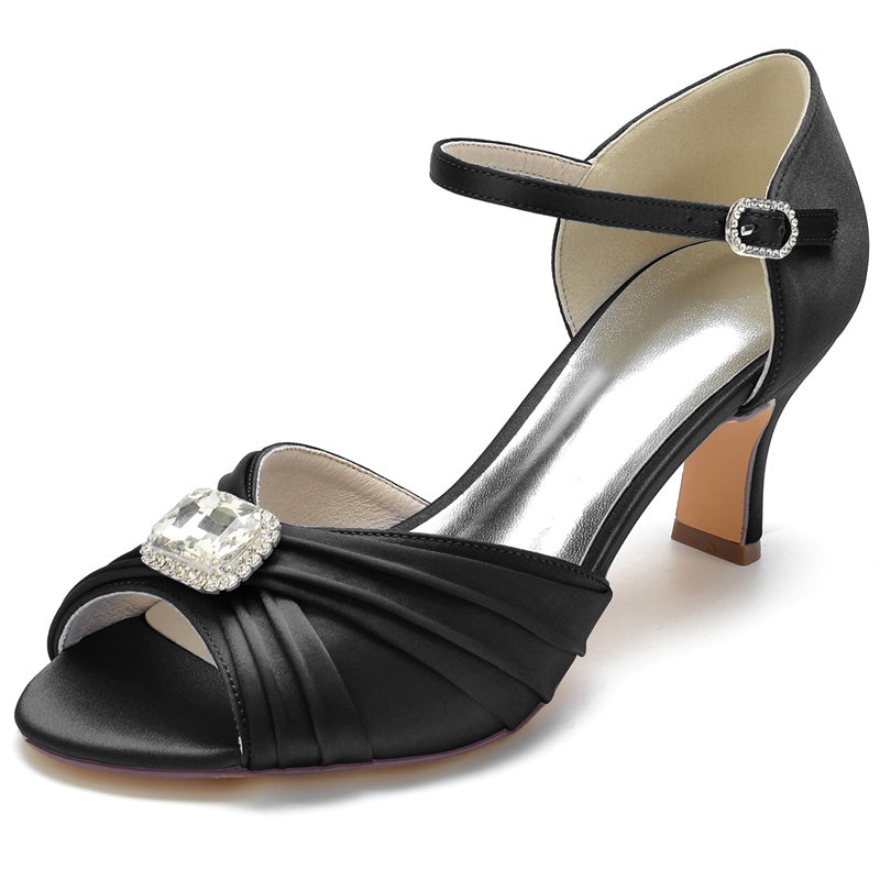 Bridal Shoes for Women with Open Toe Block Heel Buckle Rhinestones and Ruffles