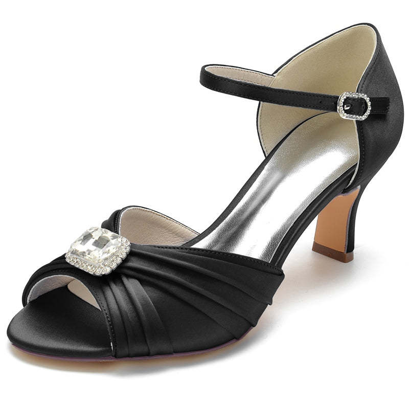 Bridal Shoes for Women with Open Toe Block Heel Buckle Rhinestones and Ruffles