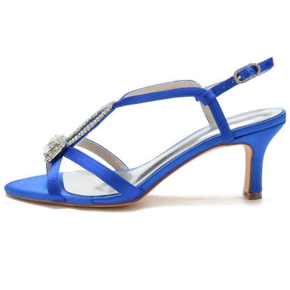 Mid Heel Peep Toe Sandals for Women in Black with Crossed Straps and Rhinestones