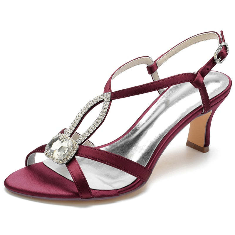 Mid Heel Peep Toe Sandals for Women in Black with Crossed Straps and Rhinestones