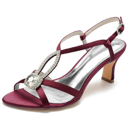 Mid Heel Peep Toe Sandals for Women in Black with Crossed Straps and Rhinestones