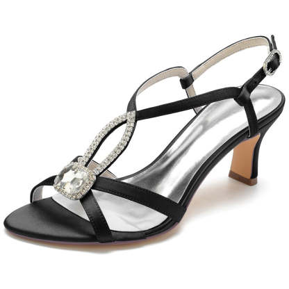 Mid Heel Peep Toe Sandals for Women in Black with Crossed Straps and Rhinestones