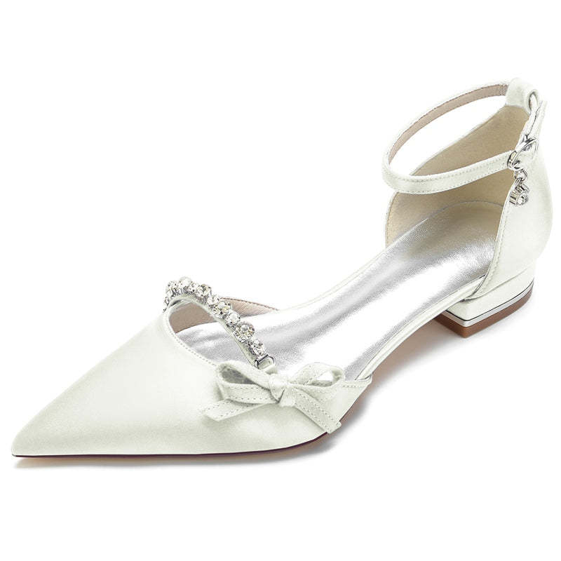 Elegant Low-Heel Bridal Shoes for Women with Pointed Toe and Mini Bow