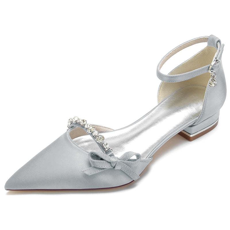 Elegant Low-Heel Bridal Shoes for Women with Pointed Toe and Mini Bow
