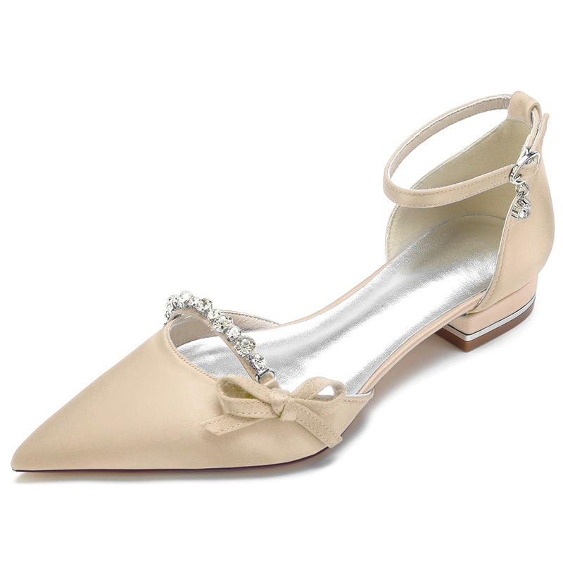 Elegant Low-Heel Bridal Shoes for Women with Pointed Toe and Mini Bow