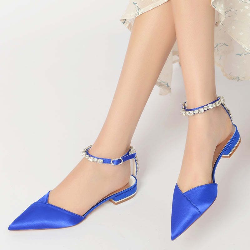Bridal Shoes for Women with Sparkling Rhinestones Pointed Toe and Low Heel Ankle Strap