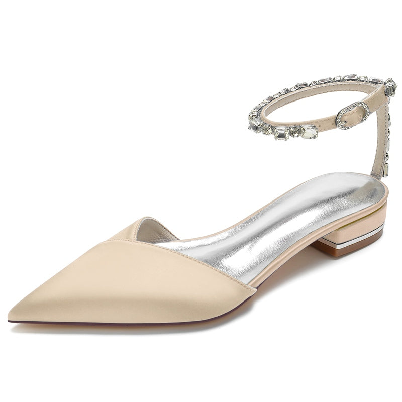 Bridal Shoes for Women with Sparkling Rhinestones Pointed Toe and Low Heel Ankle Strap