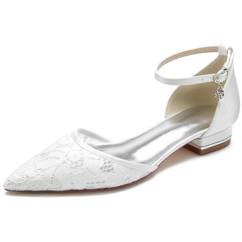 Bridal Shoes for Women with Lace Detail Pointed Toe Square Heel and Crystal Buckle
