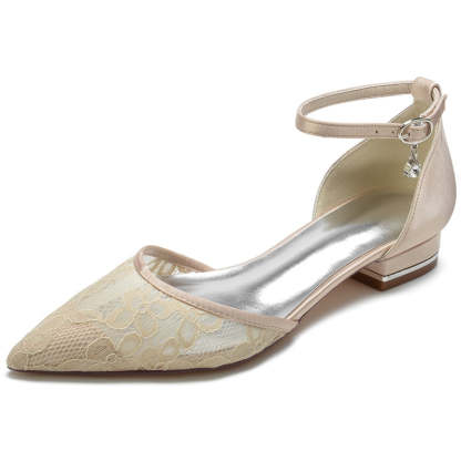 Bridal Shoes for Women with Lace Detail Pointed Toe Square Heel and Crystal Buckle