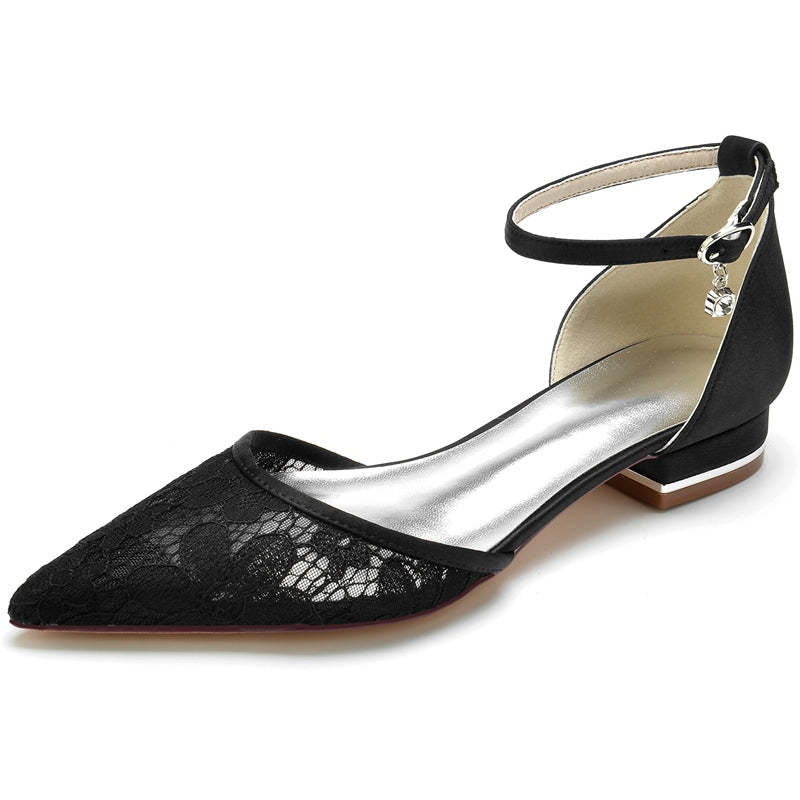 Bridal Shoes for Women with Lace Detail Pointed Toe Square Heel and Crystal Buckle