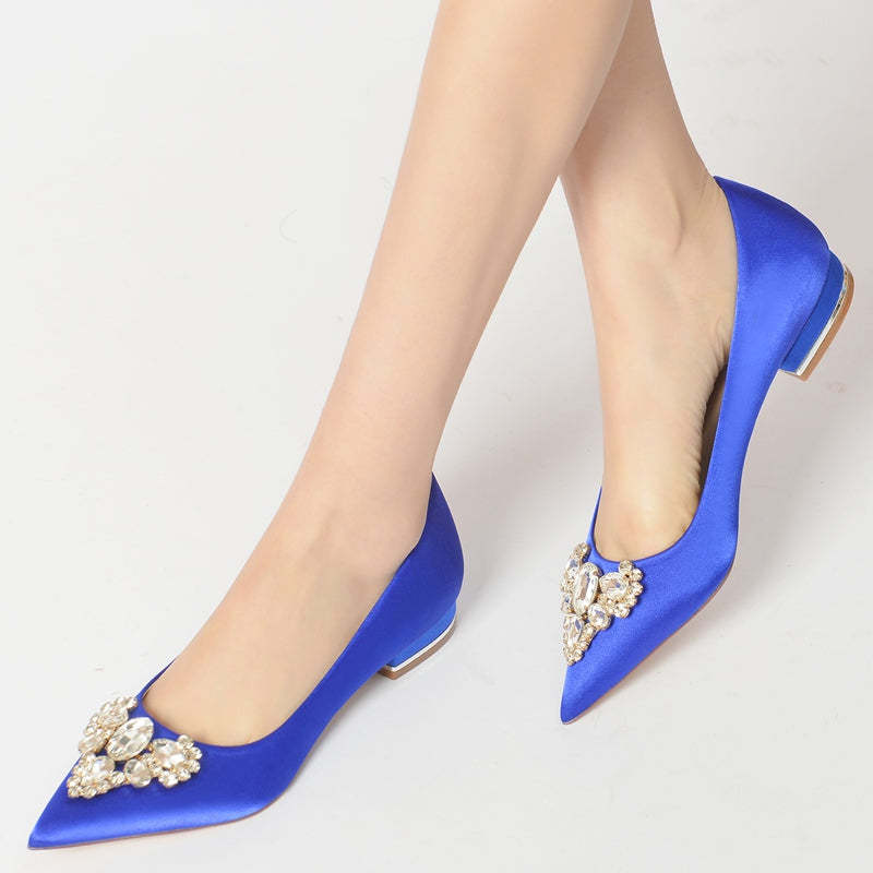 Royal Blue Bridal Shoes for Women with Rhinestones – Pointed Toe Low Heel