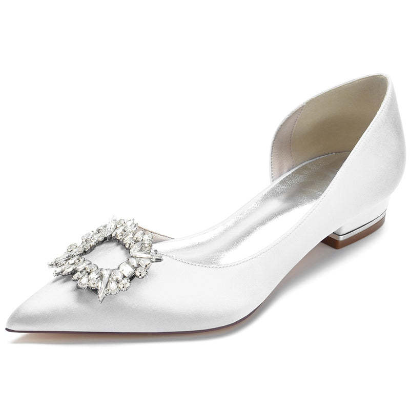 Elegant Square Rhinestone Bridal Shoes for Women – Pointed Toe Flat Heel Wedding Footwear