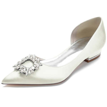 Elegant Square Rhinestone Bridal Shoes for Women – Pointed Toe Flat Heel Wedding Footwear