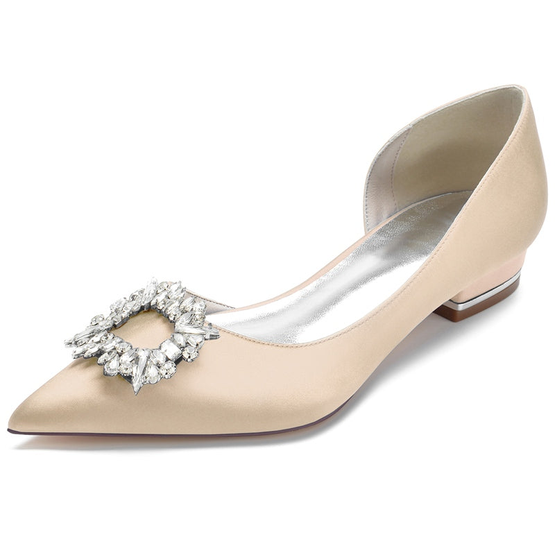 Elegant Square Rhinestone Bridal Shoes for Women – Pointed Toe Flat Heel Wedding Footwear