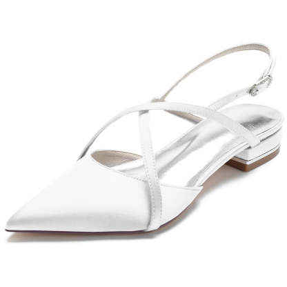 Bridal Shoes for Women with Crossed Straps Buckle and Pointed Toe in Flat Heel Minimalist Style