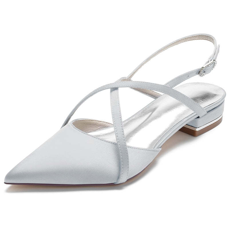 Bridal Shoes for Women with Crossed Straps Buckle and Pointed Toe in Flat Heel Minimalist Style