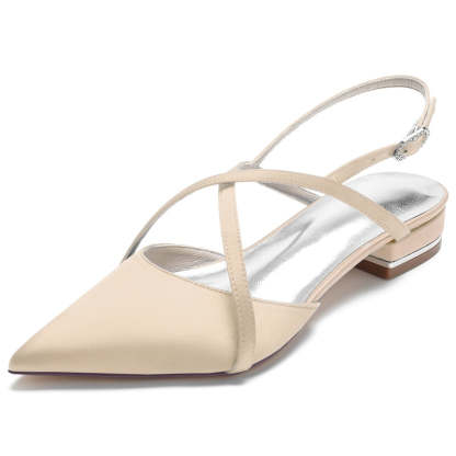 Bridal Shoes for Women with Crossed Straps Buckle and Pointed Toe in Flat Heel Minimalist Style