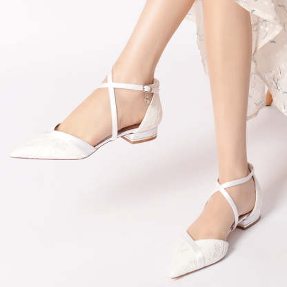 Bridal Shoes for Women with Stylish Pointed Toe Low Heel and Crossed Straps Featuring Lace Appliques