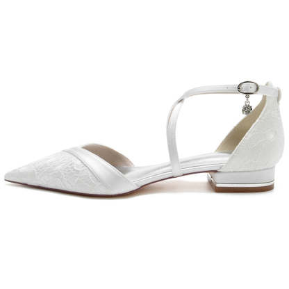 Bridal Shoes for Women with Stylish Pointed Toe Low Heel and Crossed Straps Featuring Lace Appliques