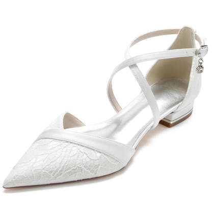 Bridal Shoes for Women with Stylish Pointed Toe Low Heel and Crossed Straps Featuring Lace Appliques
