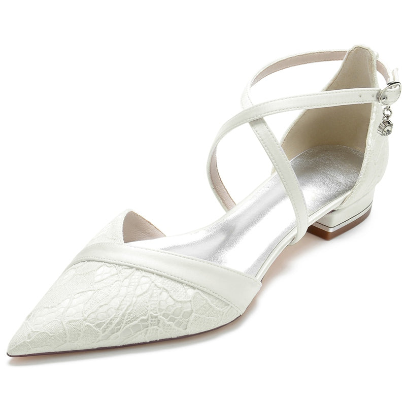 Bridal Shoes for Women with Stylish Pointed Toe Low Heel and Crossed Straps Featuring Lace Appliques