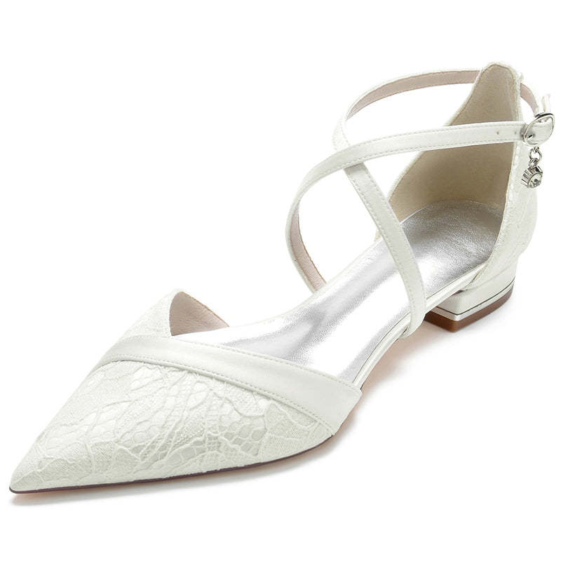 Bridal Shoes for Women with Stylish Pointed Toe Low Heel and Crossed Straps Featuring Lace Appliques