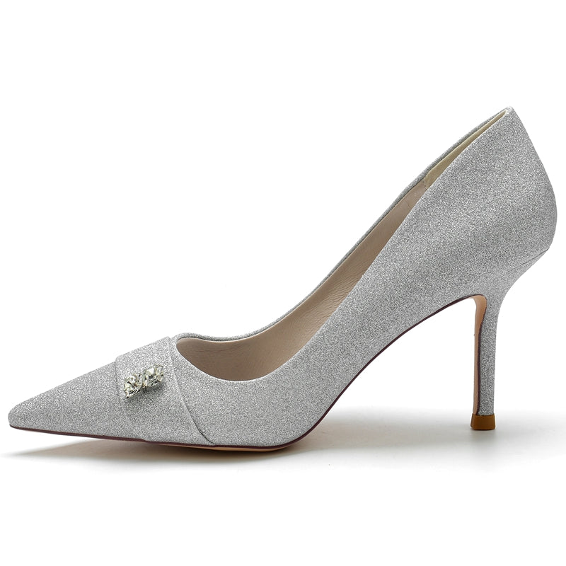 Bridal High Heel Wedding Shoes for Women with Stretch Glitter and Rhinestone Pointed Toe
