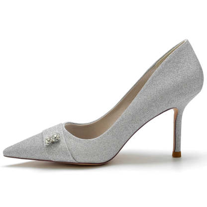 Bridal High Heel Wedding Shoes for Women with Stretch Glitter and Rhinestone Pointed Toe