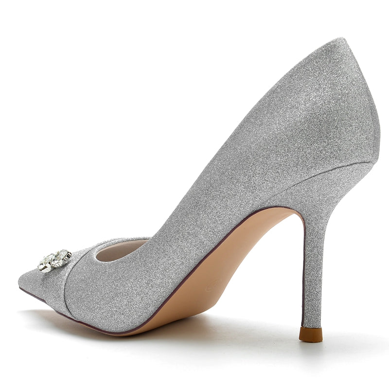Bridal High Heel Wedding Shoes for Women with Stretch Glitter and Rhinestone Pointed Toe