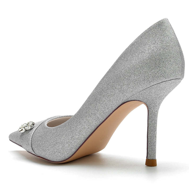 Bridal High Heel Wedding Shoes for Women with Stretch Glitter and Rhinestone Pointed Toe
