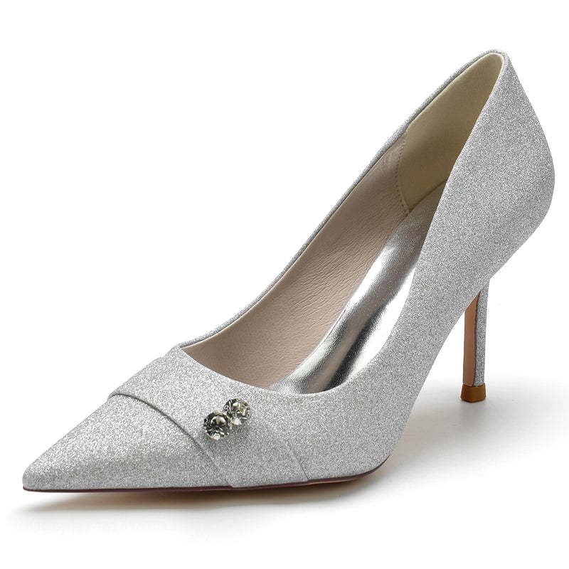 Bridal High Heel Wedding Shoes for Women with Stretch Glitter and Rhinestone Pointed Toe