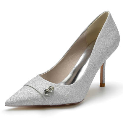 Bridal High Heel Wedding Shoes for Women with Stretch Glitter and Rhinestone Pointed Toe