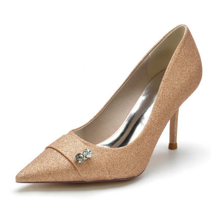 Bridal High Heel Wedding Shoes for Women with Stretch Glitter and Rhinestone Pointed Toe